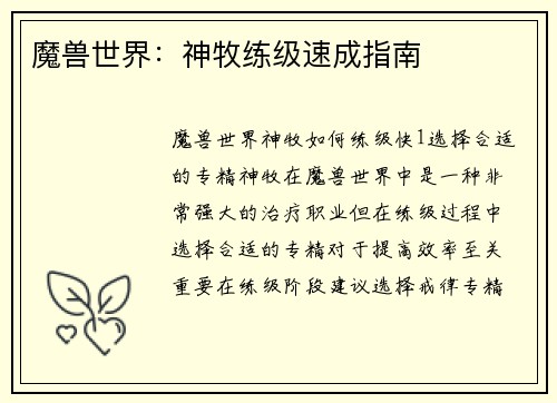魔兽世界：神牧练级速成指南